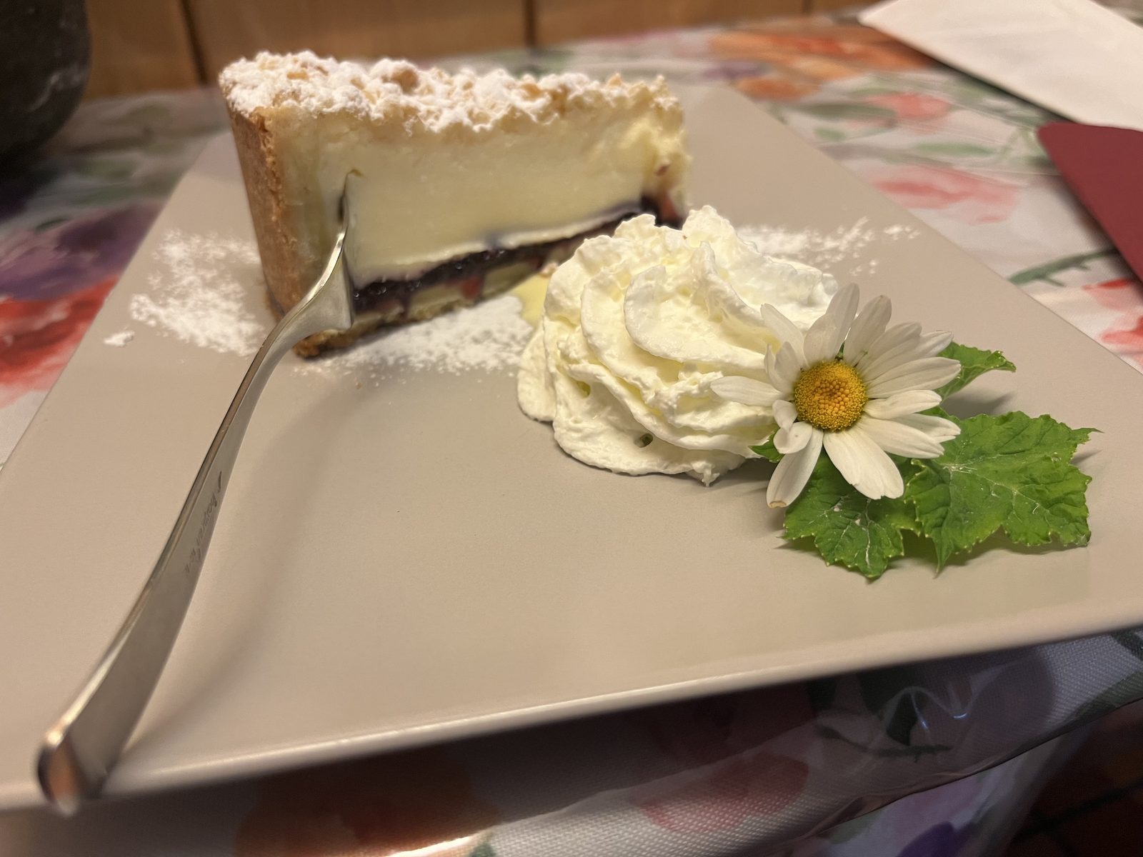 Slice of cake with whipped cream and a daisy at a Dolomite refugio.
