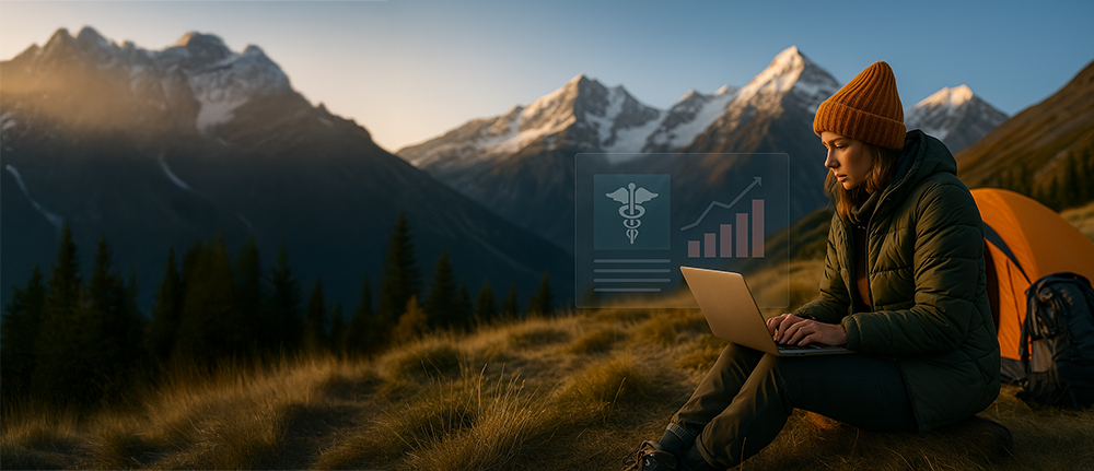 A woman working on a laptop at a mountain campsite