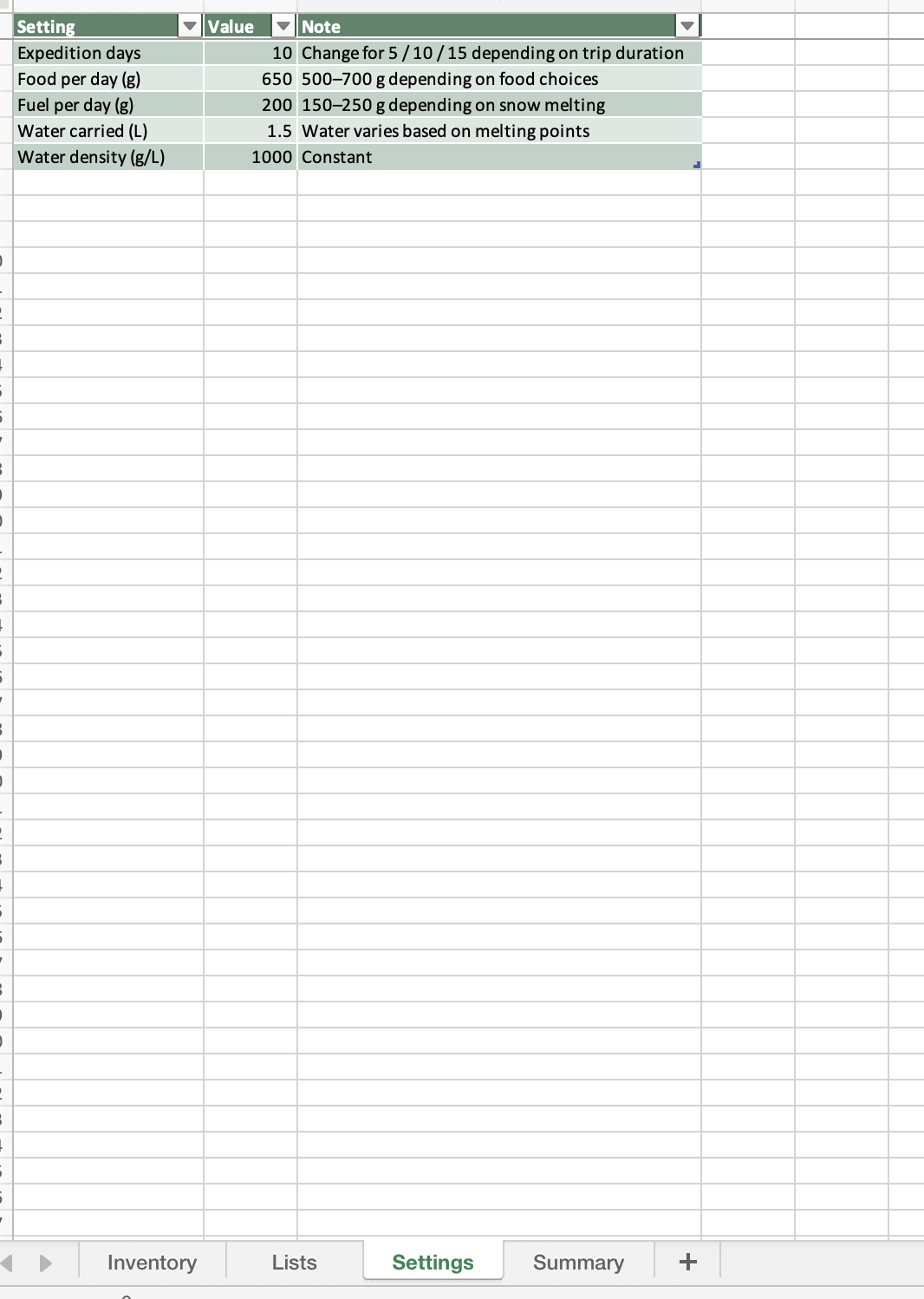 English Expedition Inventory System settings worksheet with editable trip parameters.